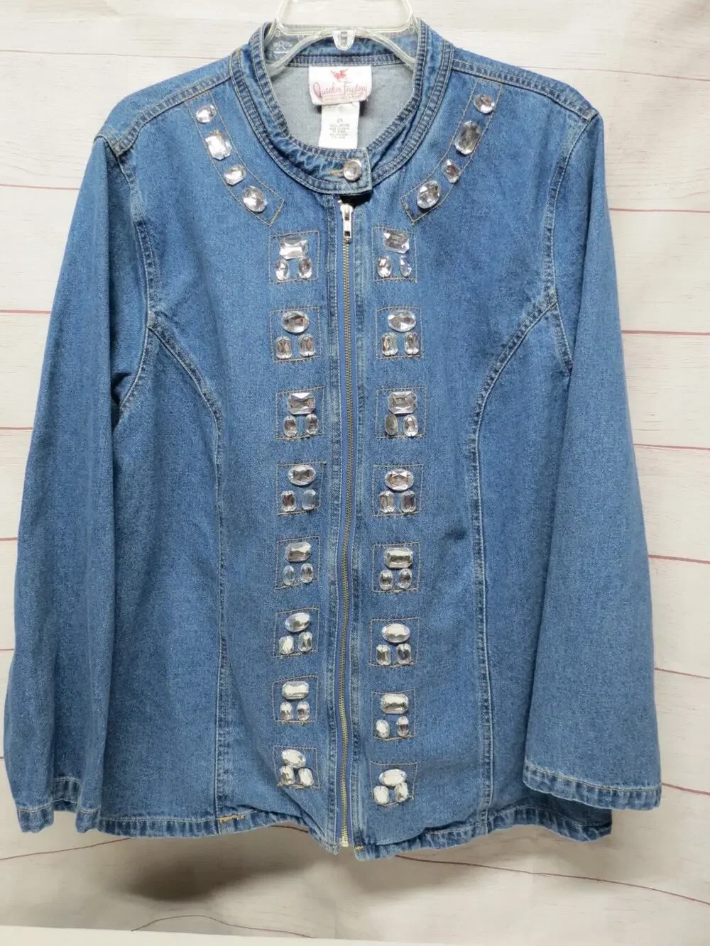 Quacker Factory Plus Size 2X Denim Jacket with Rhinestones Zip Up Jean Jacket